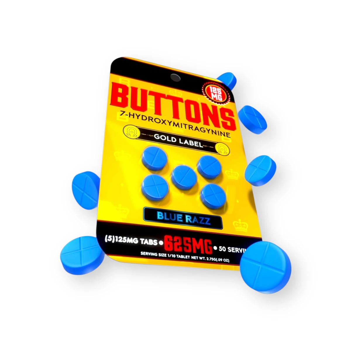 Buttons Gold Label 7 Hydroxymitragynine Chewable Tablets Blue Razz 125mg Per Tablet 5ct 82420