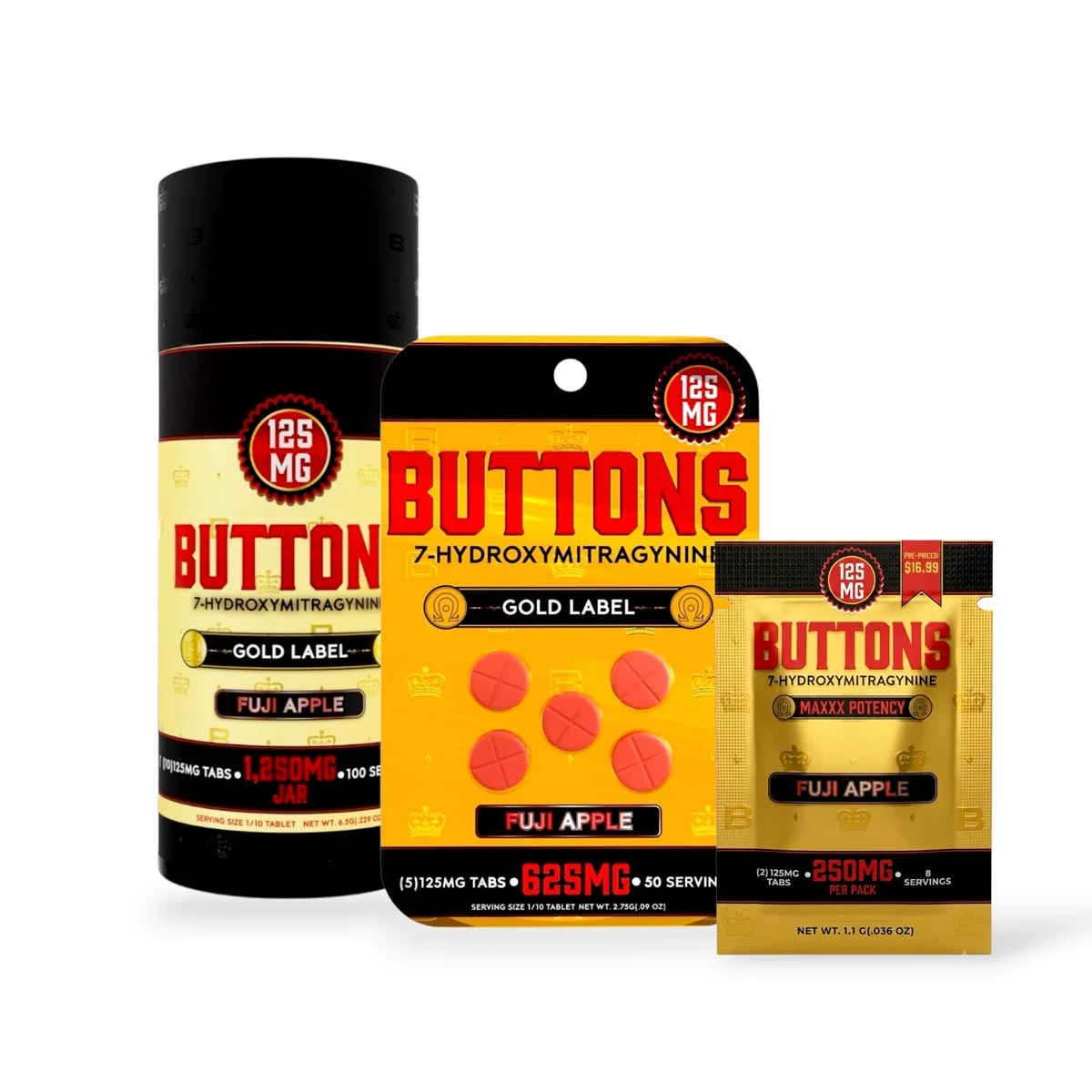 Buttons Gold Label 7 Hydroxymitragynine Chewable Tablets Fuji Apple 125mg Per Tablet All 75830